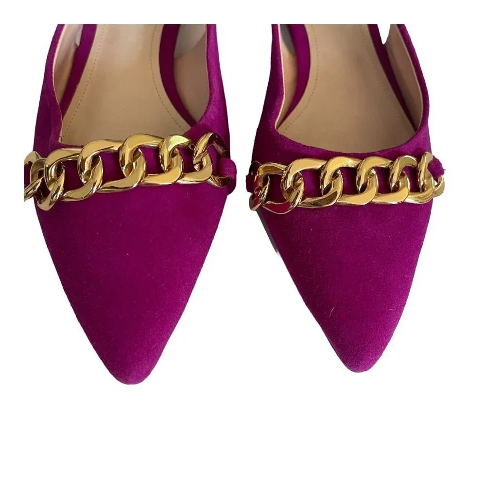 Schutz Size 9.5 Odilenny Flat Violet Pink Pointed Toe Suede Chain Ankle Tie